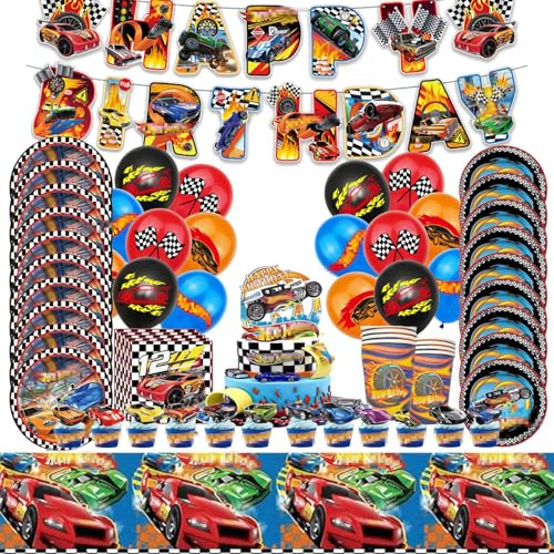 Hot Wh-els Stoviglie per Feste di Compleanno，Addobbi Compleanno Hot Wh-els，Piatti Carta，Tovaglia