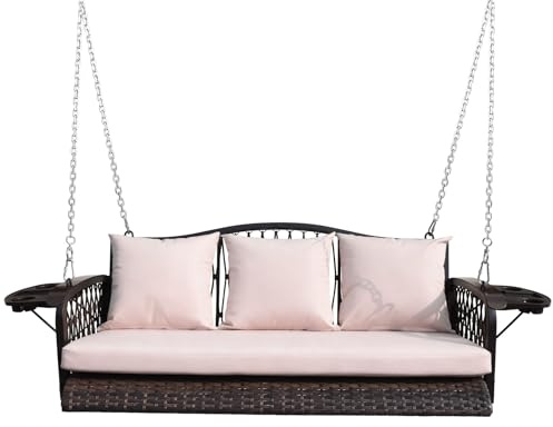 ZZW Wicker Porch Swing Heavy Duty 900 LBS 3-Seat Outdoor Patio Swing Chair with Cushions & 8.9ft Chains Outdoor Hanging Bench with Upgraded Cup Holders for Garden Deck Backyard