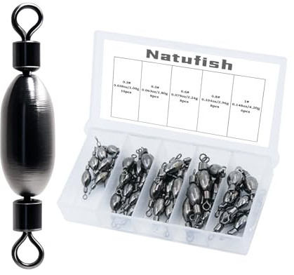 Natufish Brass Swivel Fishing Weights & Bullet Sinkers for Freshwater and Saltwater Fishing | Drop Shot Tackle Kit with 40Pcs Removable Bass Sinker Weights, Corrosion-Resistant Swivel Rolling Design