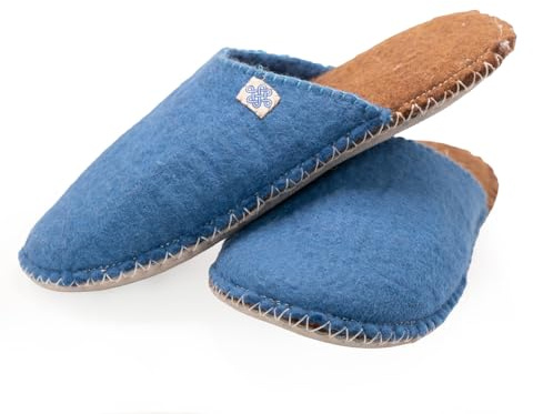 Tibetan Socks Handgefertigte Hausschuhe aus gefilzter Wolle mit Wildledersohlen, Blau, 9-10 Women/7-8 Men
