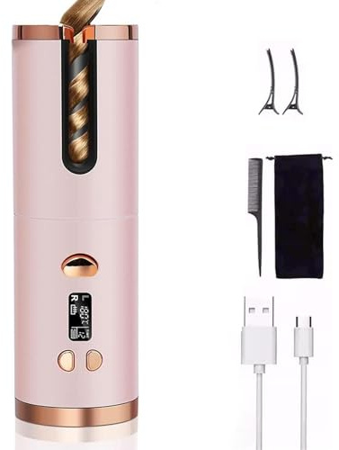 Wireless Auto Hair Curler with Adjustable Temperature and Timer, Automatic Cordless Curling Iron with LCD Display, Portable Rechargeable Rotating Fast Heating Hair Wand for Style, Auto Shut-Off (Pink)