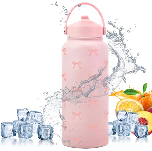 Botella de agua aislada - Taza de vacío de acero inoxidable con patrón de lazo lindo de 1 litro, botella deportiva a prueba de fugas con pajita | Acero inoxidable 304, mantiene las bebidas calientes