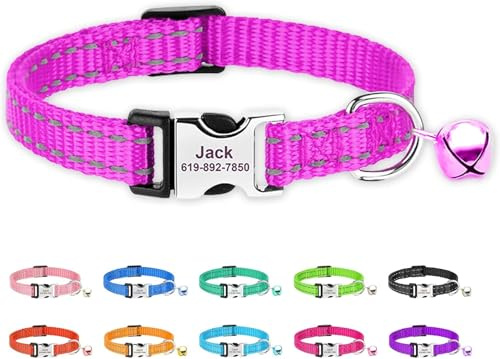 Personalisierter Nylon‑Katzenhalsband, gravierte Schnalle, Lila | Gravierter Name & Telefon;reflektierende Nähte,verstellbares Nylon‑Halsband mit Glocke,für Katzen & Kätzchen,7,5‑12,0 Zoll