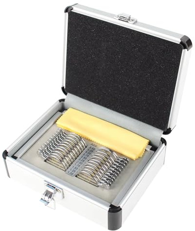 Coffret de 22 lentilles d'essai progressives pour lunettes et lentilles de contact, avec étui en aluminium.