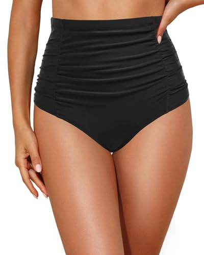 Tempt Me Women's High Waisted Swimsuit Bottom Black Tummy Control Ruched Bikini Bottom Vintage Swim Bottom Tankini Briefs L