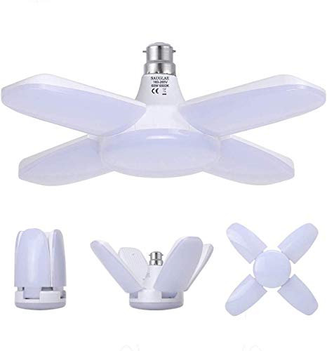 SAUGLAE LED Garagenbeleuchtung, B22 Verformbare 60W 6800LM, Kaltweiß 6500K, LED Garagenleuchten mit 4 Einstellbaren Paneelen für Garage, Lager, Werkstatt, Keller (Pack of 1)