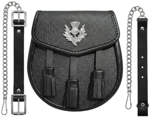 UNEED BLACK LEATHER SPORRAN WITH THISTLE AND 3 TASSELS SCOTTISH KILT SPORRAN WITH CHAIN BELT 02