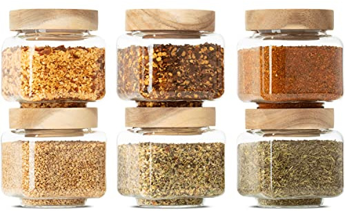 Econovo Gewürzgläser eckig 220ml 6er Set, Gewürzdosen Glas luftdicht | Sechs eckige Glasdosen aus Borosilikatglas mit Akazienholzdeckel, luftdicht für Gewürze, Kräuter, Salz und Pfeffer