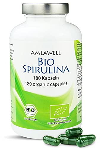 AMLAWELL Bio Spirulina Kapseln – 180 Kapseln Spirulinapulver (3000 mg pro Tagesportion) mit Eisen, Proteinen, Vitamin B12