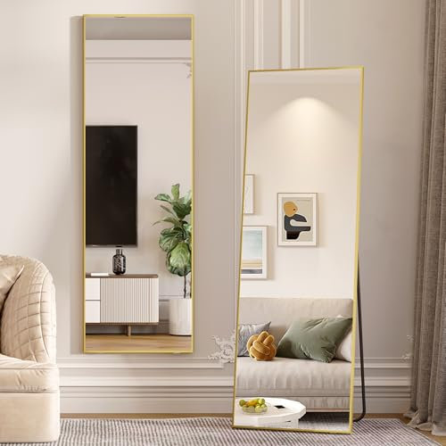 LVSOMT Ganzkörperspiegel Stehend, 160x50cm Spiegel Groß, Standspiegel Rechtecke, Grosser Wandspiegel, Aufstellspiegel Modern mit Aluminiumlegierung für Schlafzimmer Wohnzimmer, Gold
