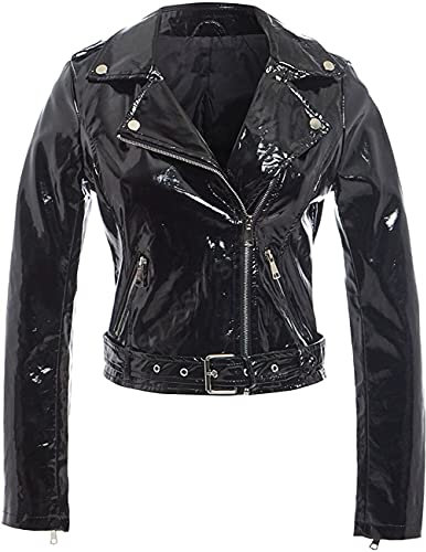HiFacon Chaqueta de motocicleta de piel de PVC con aspecto mojado para mujer Brando Negan con cremallera de manga larga - negro - XXL