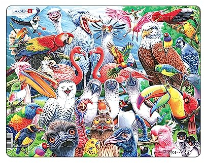 Larsen Puzzle Fröhliche Vögel, Alter 6–10, 115 Teile, Lernspiel Natur & Artenvielfalt, Rahmenpuzzle bunt aus Norwegen