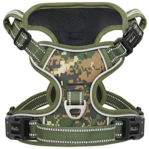 HEELE Hundegeschirr, Hundegeschirr für Kleine Hunde, Freigabe am Hals, Vorderseite Rückseite Clips Hundegeschirr Einstellbar Reflektierend Anti Zug Hundegeschirr mit Gepolstert Grifff, Tarn-Grün, S