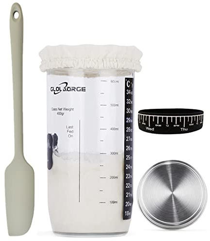 Glolaurge Barattolo per pasta madre, kit iniziale per lievito naturale con termometro, etichette, spatola, coperchio in tessuto e coperchio in acciaio inossidabile, contenitore per pasta madre a bocca