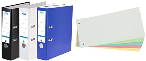 Elba Ordner A4, Smart Pro, 8 cm breit, Kunststoff außen, 3 Farben, 3 Stück & Limit Trennstreifen, aus Karton, gelocht, 180 g/m², 5 Farben, 100 Stück, ‎240 x 105 mm