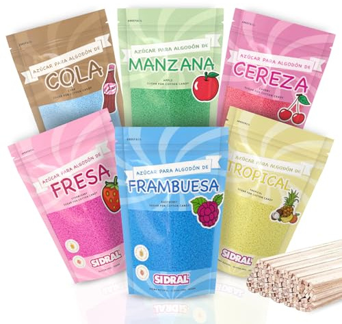 SIDRAL - Sucre Barbe à Papa pour machine - Arômes et Colorants Naturels - Lot de 2 x 500GR (Fraise - Framboise - Cola - Cerise - Tropical - Pomme) poudre barbapapa + 50 Bâtonnets recyclables