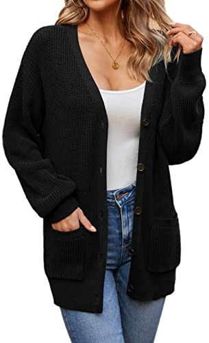 QUALFORT Women’s 100% Cotton Cardigan Sweater with Pockets Black