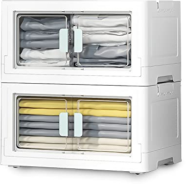 BTGGG 2er Pack Aufbewahrungsbox mit Deckel Groß 50L*2 Stapelbare Kunststoff Faltbare Aufbewahrungsbox, Vordertüröffnung für einfachen Zugang, Bewegliche Behälter für Kleiderschrank Spielzeug