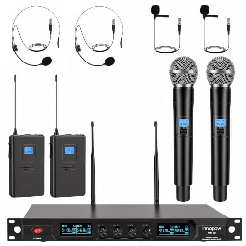innopow 4-Channel Wireless Microphone System, Quad UHF Metal Cordless Mic, 2 Handheld Mics, 2 Bodypack Mics, Long Distance150-200Ft, Fixed Frequency, 16 Hours Use for Karaoke Singing, Church