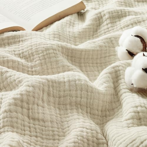 Bedsure 100% Cotton Muslin Blanket Queen Size for Bed - 4-Layer Breathable and Lightweight Soft Gauze Muslin Blankets for Adults, PureWoven Thin Summer Blanket, All Season, Linen Beige, 90x90 Inches