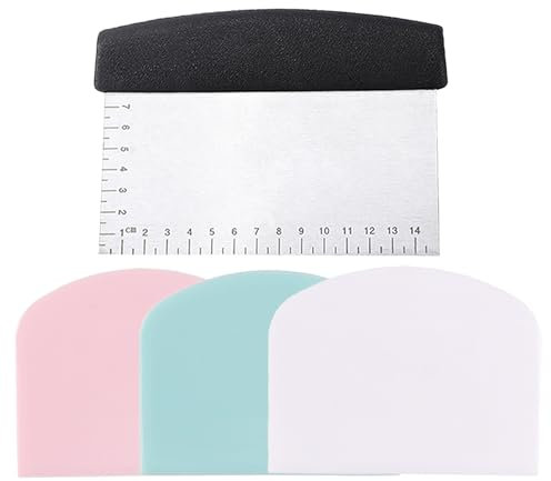 TRKETK 4 Pcs Dough Scraper Cutter, Pastry Cutter Stainless Steel Dough Cutter with Handle and Measuring Scale Plastic Scraper Multipurpose Kitchen Bowl Scraper for Pizza, Cakes, Bread Cutting, Pastry