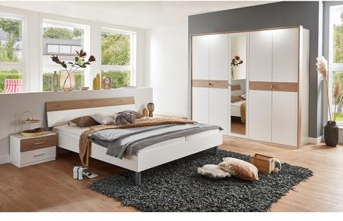 Lomadox Schlafzimmer Komplett Set 4-teilig, Bett 180x200 cm, 2 Nachttische, 1 Kleiderschrank in weiß mit Eiche