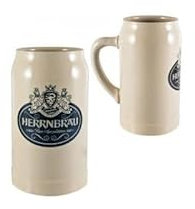 Boccale da Birra, Bicchiere in Ceramica, Boccale con Manico da Collezione da litro Herrnbrau, In ceramica color grigio panna, con il classico manico ad ansa