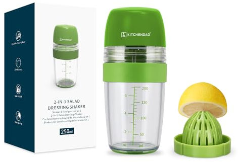 KITCHENDAO 2 in 1 Salad Dressing Shaker Container with Juicer, Pour Spout, Leakproof, Soft Grip, Dishwasher Safe, BPA Free Travel Homemade Oil and Vinegar Salad Dressing Bottle Mixer Dispenser, 1 Cup