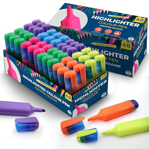 SOL 48pk Bulk Highlighter Pens Chisel Tip, Bright Fluorescent Ink Highlighters Marker Pens for Office & Study Use, Non-Bleed & Quick Drying Ideal for Planners, Diaries & Highlighting Key Points