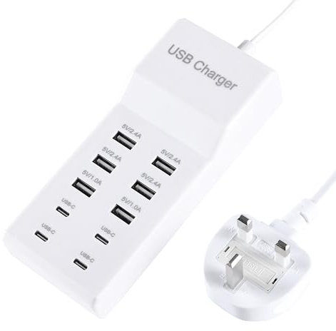 Alyphyly White USB Charger,5V 10A(50W) Charging Station with 10-Port (6 USB-A Port & 4 USB-C Port) Compatible with iPhone 15/14/13/13pro Max 12/12 Mini/12Pro/12 Pro Max/11,Tablets, Smartphones