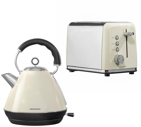 Daewoo Kensington Collection, Kettle And Toaster Set, 1.7 Litre Pyramid Kettle With Matching 2 Slice Toaster, Safety Features, Easy Cleaning, Cohesive Kitchen Set, Cream