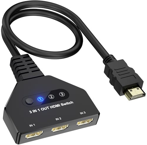 HDMI Switch 3 in 1 Out, 4K@30Hz HDMI Umschalter mit vergoldeten Anschlüssen, Plug & Play, unterstützt Full HD 1080P 3D, kompatibel mit Roku TV Stick HDTV PS4/PS5 Xbox, ideal für Gaming, Heimkino