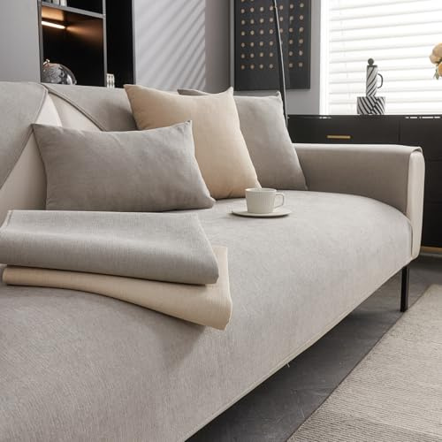 CJJZFO Sofa Überzug rutschfest Chenille Sofabezug, Hellgrau, 90x180cm | Hund Katze Sofaüberwurf Maschinenwäsche Sofaschoner Weich Vintage Couch Cover für 1 2 3 4 Sitzer U-Form L-Form Ecksofa