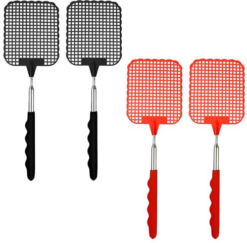 4Pcs Fly Swatter, Extendable Long Handle Fly Swat, Strong Flexible Manual Fly Squatter, Telescopic Handle Fly Swatters for Indoor Outdoor Mosquito Wasp Bug Insect (Red & Black)