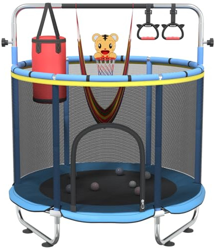 60 Toddler Trampoline for Age 2-4, 9ft Mini Kids Trampoline Indoor with Basketball Ball Adjustable Gymnastics Bar & Toys Swing Enclosure Net for Backyard ASTM Approved