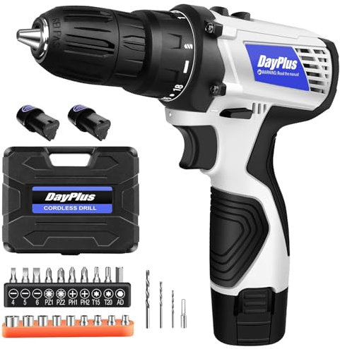 Cordless Drill Driver for Home/Office/DIY/Projects, 2 Battery 1.3Ah and Charger, 23pcs Accessories Cordless Screwdriver Set, 18+1 Level Torque, max. 45 N.m, 2 Speed 0-400/1400rpm (16.8V White)