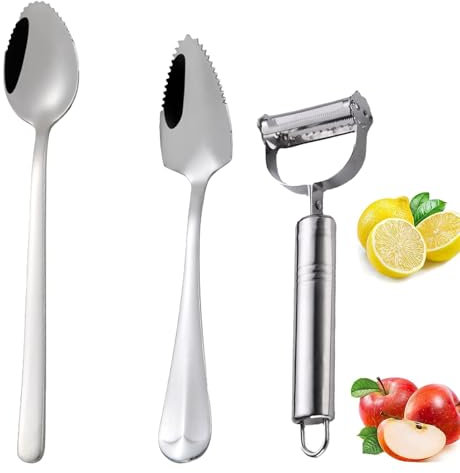 Hsyadazi Grapefruitlöffel 2pcs, Schälmesser 1pc, Dessertlöffel aus Edelstahl, mit Zacken, Kiwi Spoon, Obstlöffel mit Wellenschlif, Spülmaschinengeeignet Löffel Fruchtlöffel
