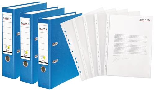 Original Falken 3er Pack PP-Color Ordner inklusive 100er Economy PP-Kunststoff Prospekthüllen transparent genarbt. Made in Germany. 8 cm breit DIN A4 aqua