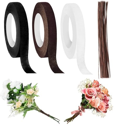 Floristik Kreppband 3-Teiliges Set mit 100 Pcs braunem Blumendraht, Braun | Selbstklebendes Floristenkreppband 27m/Rolle für Geschenkverpackungen und DIY Bastelarbeiten