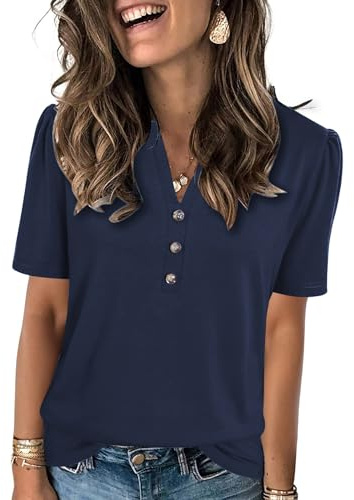 Famulily Womens Summer V Neck Blouse Puff Short Sleeve Longline Shirt Button Loose Casual Top Navy Blue M