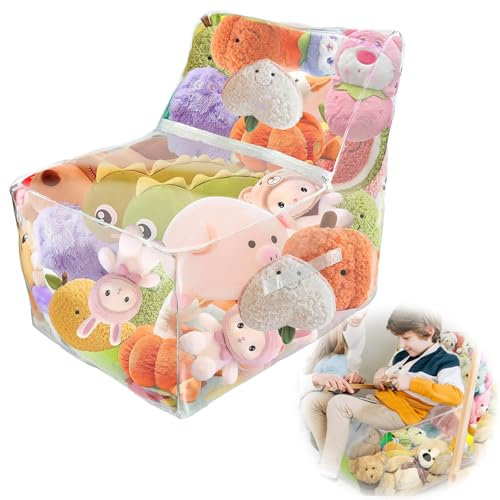 Reofrey 2-in-1 Soft Toy Storage Bag Sofa Style Toy Organization, PVC Stuffed Animal Storage with Zippers, Stuffable Clear Bean Bag Chair Cover Ergonomically Designed, for Organizing Rooms Plush Toys