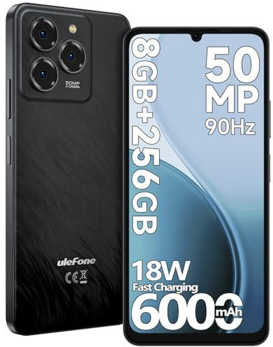 Ulefone Note 20 Pro Mobile Phones 256GB 50MP Camera 6000mAh 18W Octa Core 6.75” HD+ 90Hz up to 8GB RAM/1TB SD Extension Android 14, Smart Phone 4G Dual SIM Fingerprint Face ID OTG, UK Version - Black