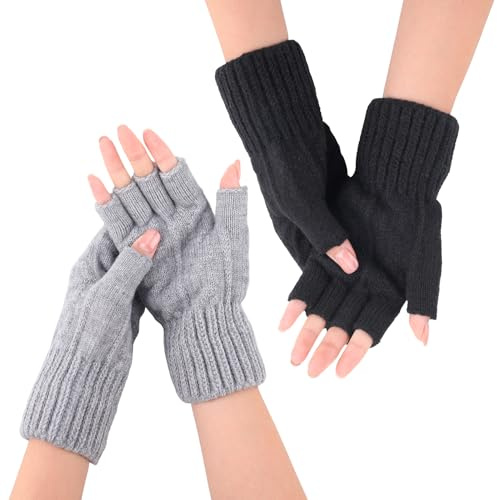 ViEinkaufen 2 Pairs Fingerless Gloves for Women,Winter Half Finger Gloves Thermal for Outdoor Running Cycling Working,Knitted Glove Warm for Biking Driving,Black and Gray