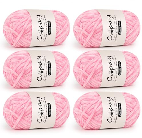 Coopay Chenille Wolle zum Häkeln, 6x100g Weiche Samtig Chenillegarn, Flauschige Dicke Wolle zum Stricken, Warme Plüschwolle Häkelgarn für Decken, Schals, Mützen - Rosa