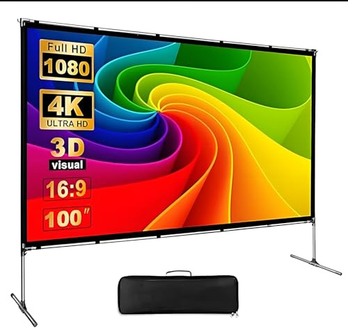 Pantalla de Proyector con Soporte 100 Pulgadas, Pantalla de Cine Portátil Antiarrugas Lavable, 16:9 HD 4K, Ganancia 1.1, Ángulo de Visión 160°, con Bolsa de Transporte