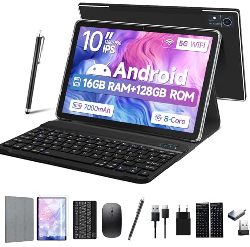 FEONAL Tablet 10 pollici, 16 GB RAM + 128 GB ROM (1 TB TF), tablet Android 2 in 1 con tastiera mouse, tablet 5 G WiFi, Octa-Core 2.0 Ghz | 7000 mAh | 1080FHD | fotocamera 13 MP | WLAN GPS OTG tipo C