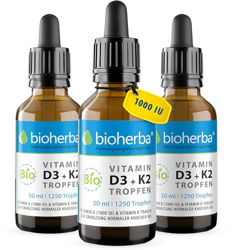 Vitamin D3 + K2 Tropfen von Bioherba 3 * 50 ml – Hochdosierte, Formel mit MK-7 & MCT-Öl