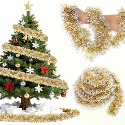 Lametta Weihnachtsgirlande Gold 10m – Lametta Gold Girlande Weihnachten für Weihnachtsbaum,treppe Deko, Künstliche Christmas Garland,Christbaum Girlande Weihnachtsdekoration für Innen & Außen