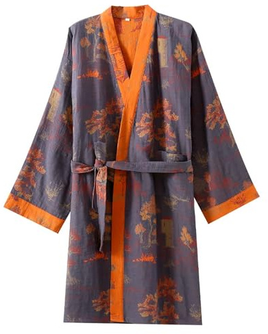 Men's Long Silk Robes Satin Kimono Floral Silky Bathrobes Dressing Gown Padded Short Jacket Cardigan Wrap Front Chinese Hemfu Style Printed Patchwork Loose Outwear, O Grey, XL