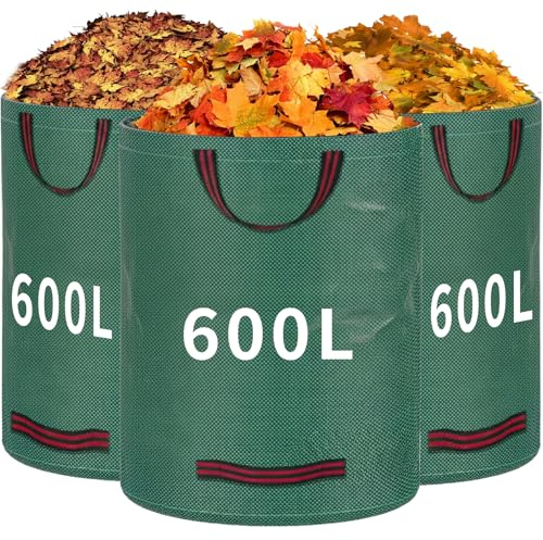 RITOLLO Garden Waste Bags 600L x 3 – Heavy Duty Reusable Garden Refuse Sacks with Handles, Extra Large Capacity for Collecting Leaves, Grass Clippings & Garden Debris